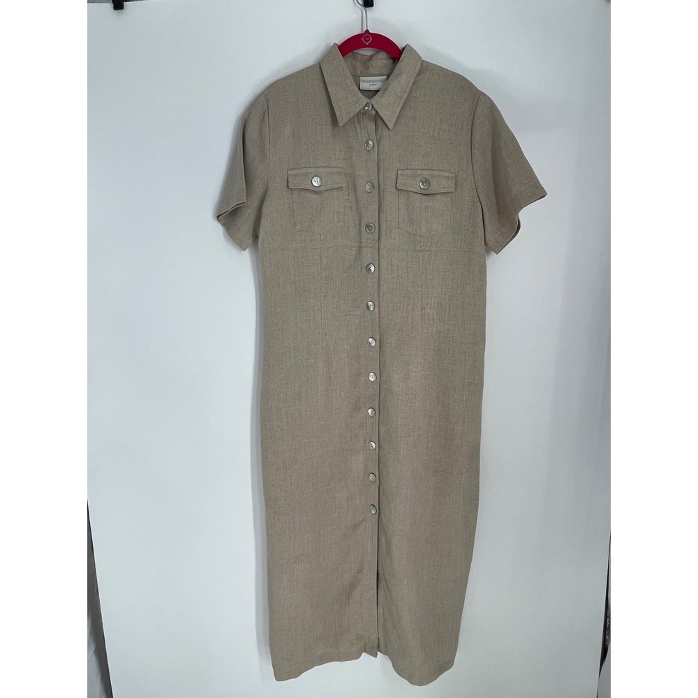 Worthington Petite Linen Blend Shirt Dress Button Front Midi Women 12P Tan